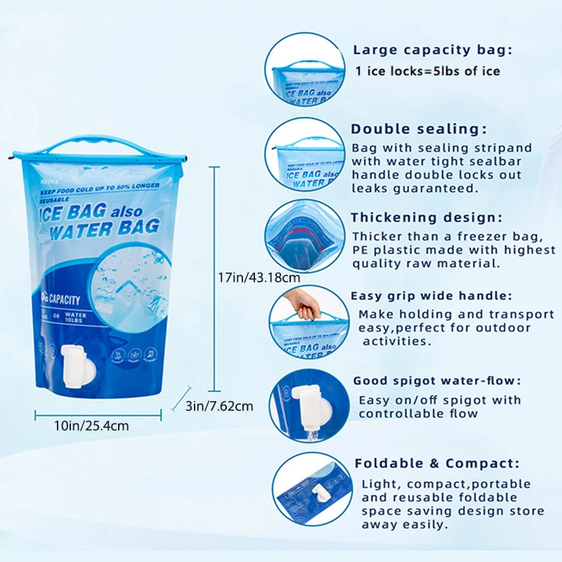 Reusable Large Capacity Ice Bag with Tap Spout Leakproof PE Water Storage Bag Portable Foldable Cooler Ice Pack for Camping Picn