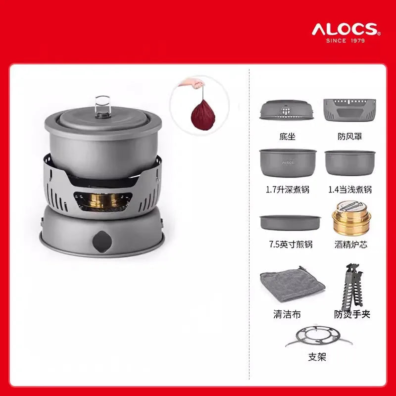 Outdoor Cooking Pot Set ALOCS CW-C05 Camping Portable Easy Storage Picnic Pot With Alcohol Stove Blast Proof Stove Cover Pot