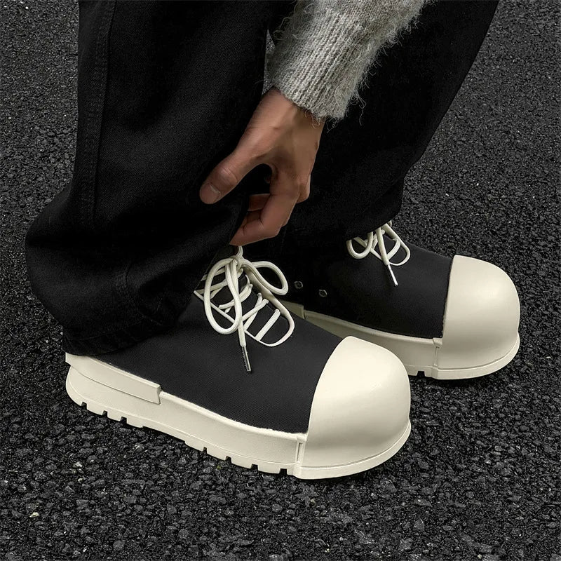 Unisex Round Toe Canvas Ankle Boots Fall Chunky Platform Height Increasing His & Hers Couple Shoes for Casual Streetwear Outdoor