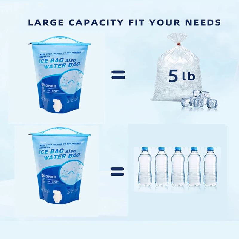 Reusable Large Capacity Ice Bag with Tap Spout Leakproof PE Water Storage Bag Portable Foldable Cooler Ice Pack for Camping Picn