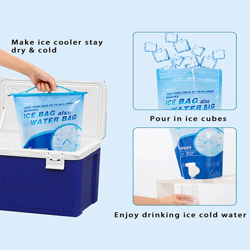 Reusable Large Capacity Ice Bag with Tap Spout Leakproof PE Water Storage Bag Portable Foldable Cooler Ice Pack for Camping Picn