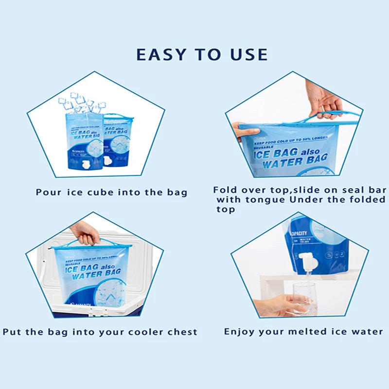 Reusable Large Capacity Ice Bag with Tap Spout Leakproof PE Water Storage Bag Portable Foldable Cooler Ice Pack for Camping Picn