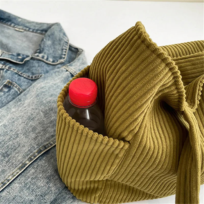 Corduroy Women Bag Fashionable Large Capacity Handbag Shoulder Bag Versatile Artistic Retro Student Class Bag with Zipper Pocket