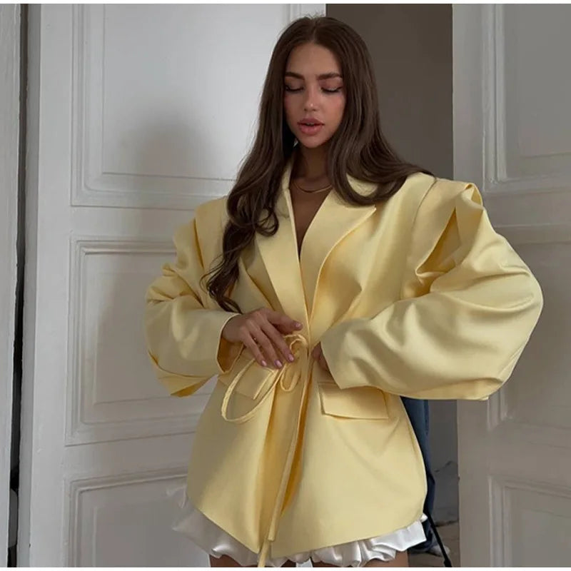 Floral Printed Blazer Jacket Women Fashion Lapel Long Sleeve Lace Up Waist Coats 2025 Autumn Lady Shoulder Pads Outerwear Blazer
