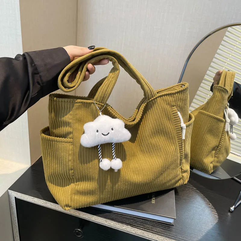 Corduroy Women Bag Fashionable Large Capacity Handbag Shoulder Bag Versatile Artistic Retro Student Class Bag with Zipper Pocket