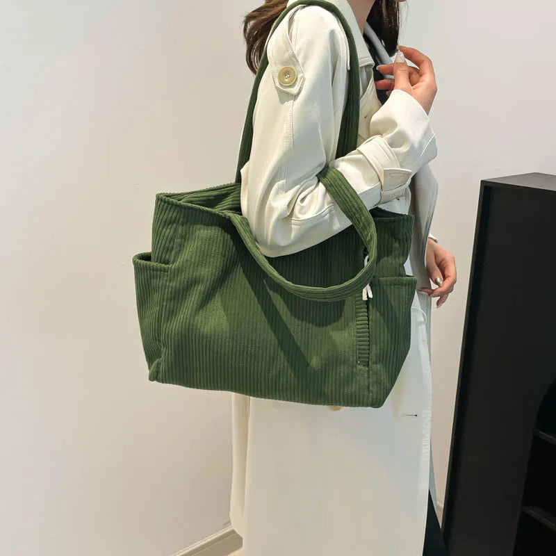 Corduroy Women Bag Fashionable Large Capacity Handbag Shoulder Bag Versatile Artistic Retro Student Class Bag with Zipper Pocket