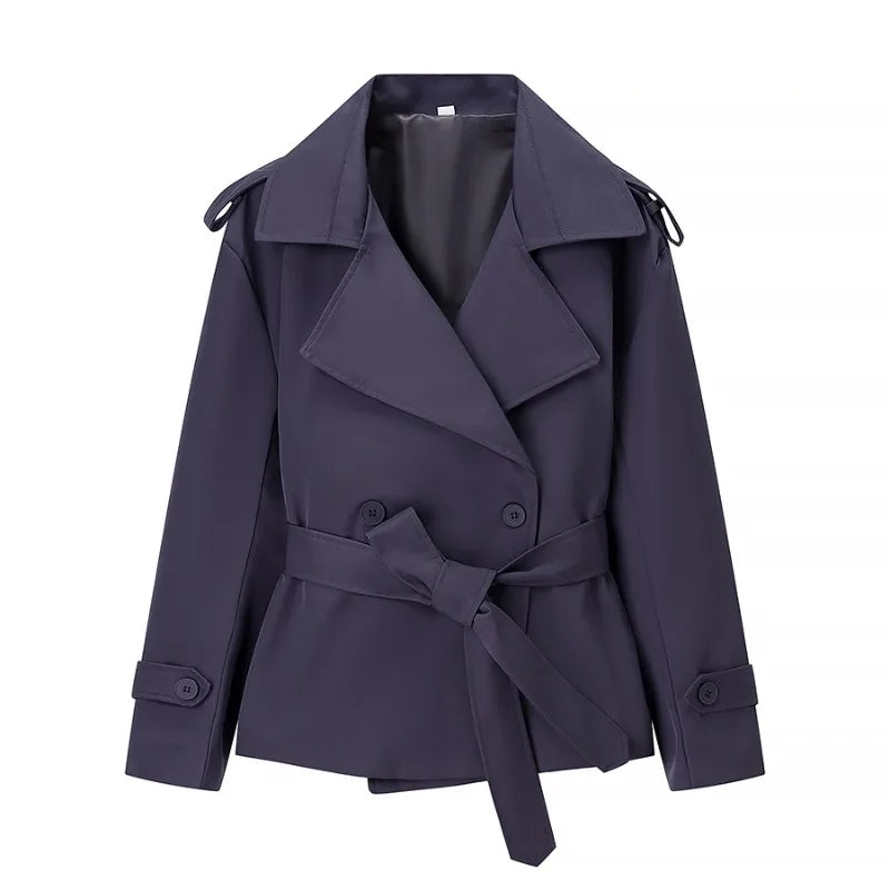 Aliexpress's Best-selling Cross-border European and American Style Women's Solid-color Belted Short Jacket Trench Coat Fashion