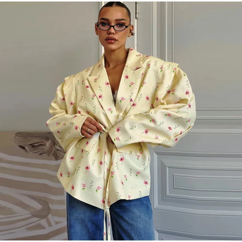 Floral Printed Blazer Jacket Women Fashion Lapel Long Sleeve Lace Up Waist Coats 2025 Autumn Lady Shoulder Pads Outerwear Blazer