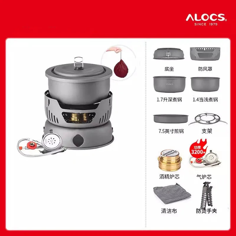 Outdoor Cooking Pot Set ALOCS CW-C05 Camping Portable Easy Storage Picnic Pot With Alcohol Stove Blast Proof Stove Cover Pot