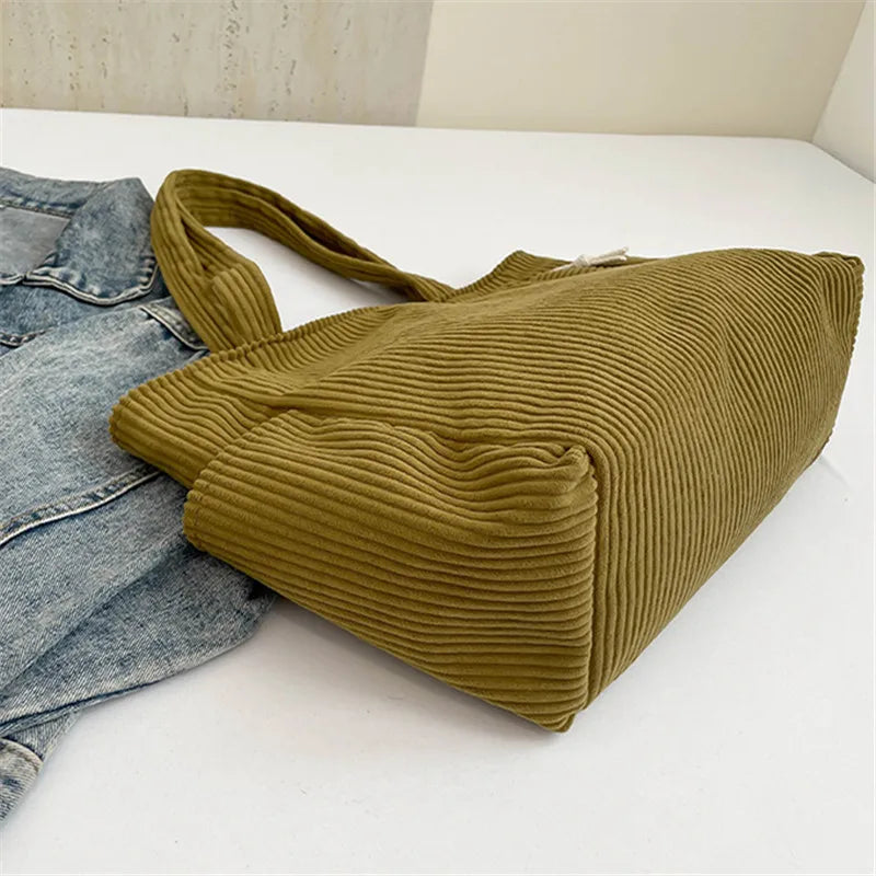 Corduroy Women Bag Fashionable Large Capacity Handbag Shoulder Bag Versatile Artistic Retro Student Class Bag with Zipper Pocket