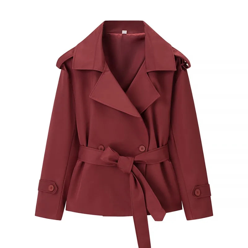 Aliexpress's Best-selling Cross-border European and American Style Women's Solid-color Belted Short Jacket Trench Coat Fashion