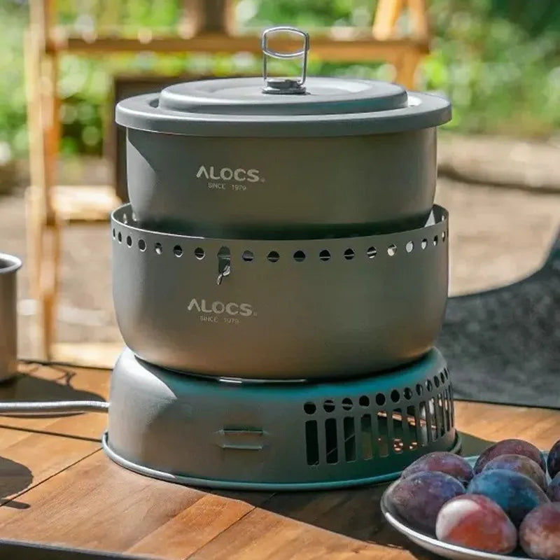Outdoor Cooking Pot Set ALOCS CW-C05 Camping Portable Easy Storage Picnic Pot With Alcohol Stove Blast Proof Stove Cover Pot