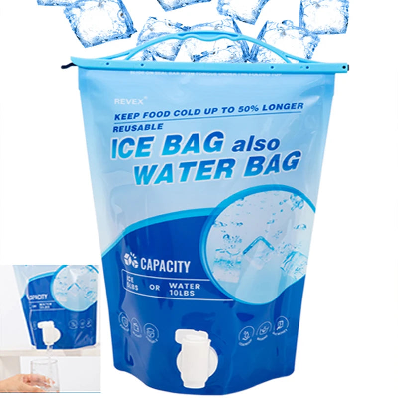 Reusable Large Capacity Ice Bag with Tap Spout Leakproof PE Water Storage Bag Portable Foldable Cooler Ice Pack for Camping Picn
