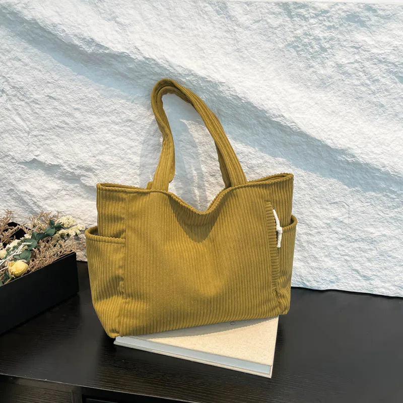 Corduroy Women Bag Fashionable Large Capacity Handbag Shoulder Bag Versatile Artistic Retro Student Class Bag with Zipper Pocket
