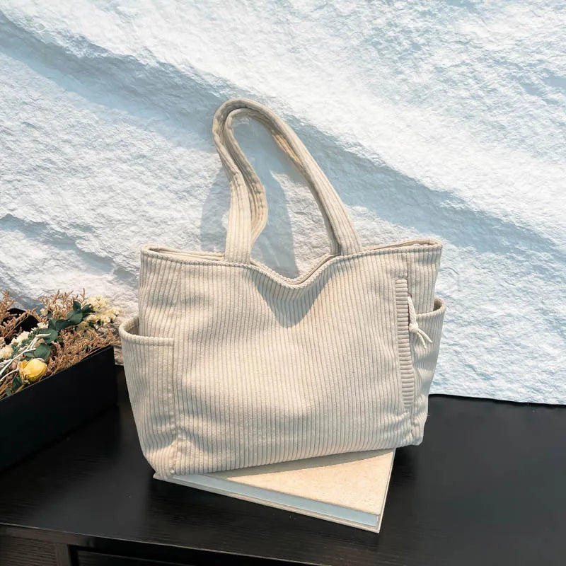 Corduroy Women Bag Fashionable Large Capacity Handbag Shoulder Bag Versatile Artistic Retro Student Class Bag with Zipper Pocket